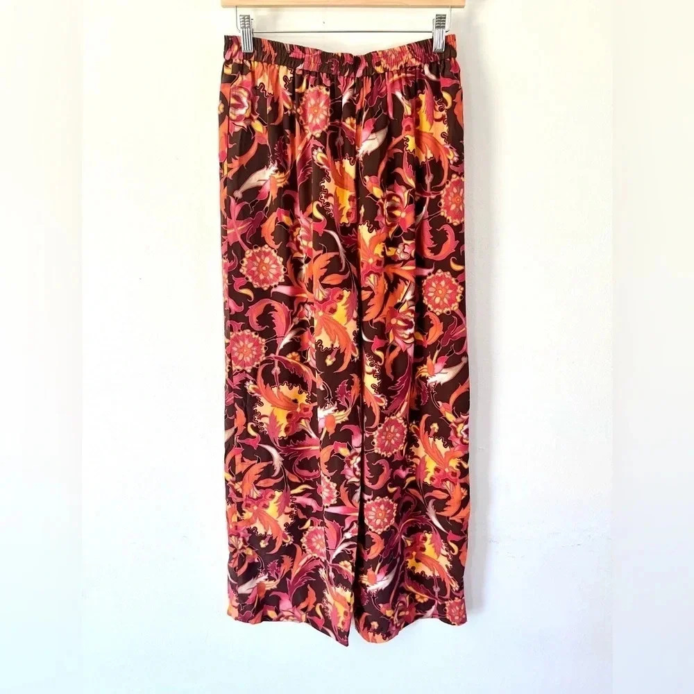 Diane Von Furstengerg Vintage 100% Silk Abstract Pull-On Wide‎ Leg Pants Medium